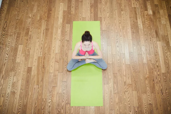 Top View Portrait Young Woman Sitting Lotus Position Relaxation Exercise — Stock Photo, Image