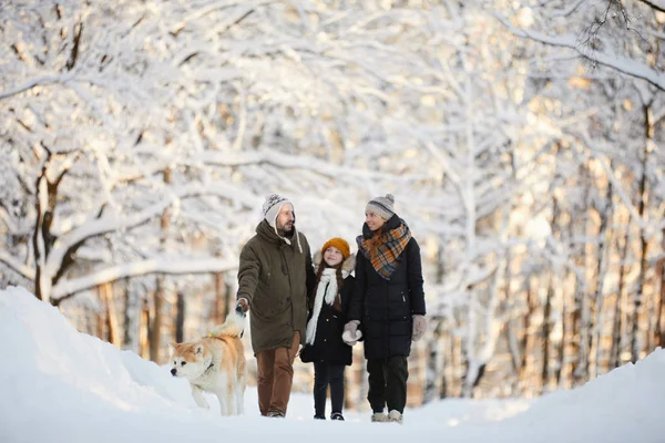 Brede Hoek Portret Van Gelukkige Familie Wandelen Hond Prachtige Winter — Stockfoto