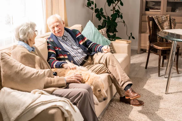 Portrait Happy Senior Couple Dog Sitting Couch Together Enjoying Retirement — Stock Photo, Image