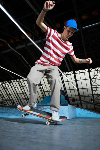 Young Boy Tee Pants Baseball Cap Standing Board While Moving — Stock Photo, Image