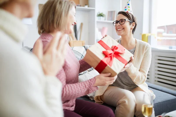 Portrait Three Cheerful Women Celebrating Birthday Home Focus Young Woman — Stock Photo, Image