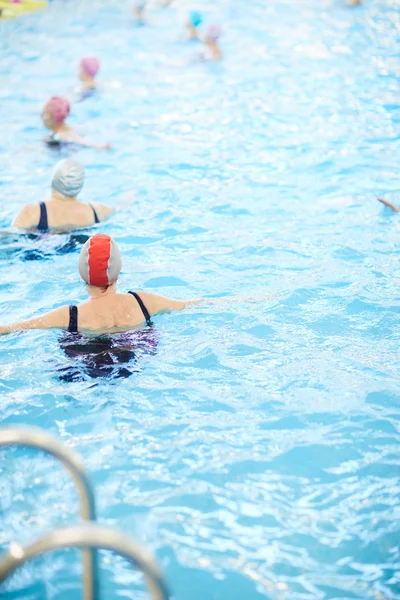 Back View Porträtt Seniora Kvinnor Som Tränar Pool Kopiera Utrymme — Stockfoto