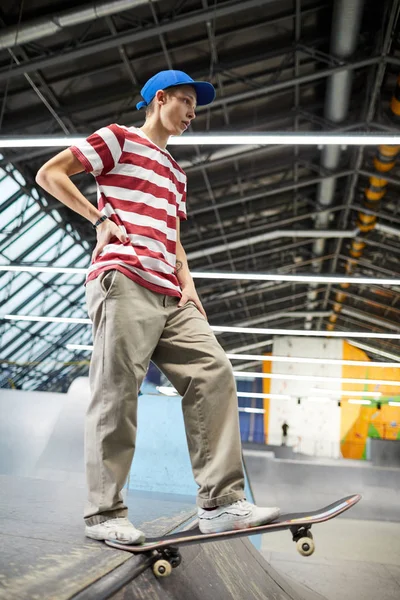 Casual Boy Shirt Pants Keeping Leg Border Skateboard While Standing — Stock Photo, Image