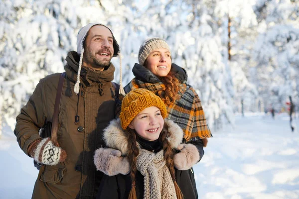 幸福家庭在美丽的冬季森林中的肖像 一起看着远方 复制空间 — 图库照片