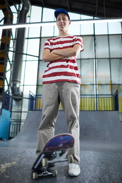 Casual Parkour Boy Shirt Pants Standing Front Camera Training Stadium — Stock Photo, Image