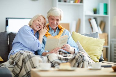 Evde kanepede oturan birlikte aşk Olgun çift okuma kitabı portre, kopya alanı