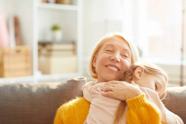 Portrait Smiling Mature Woman Embracing Cute Little Girl Tenderly Copy — Stock Photo, Image