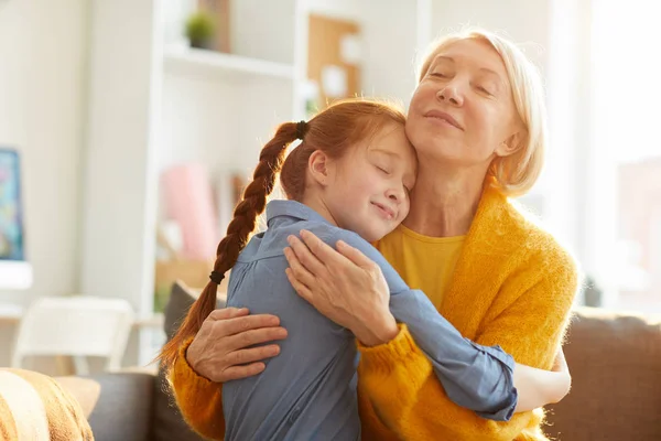 Portrait Loving Mother Daughter Embracing Tenderly Lit Serene Sunlight Copy — Stock Photo, Image