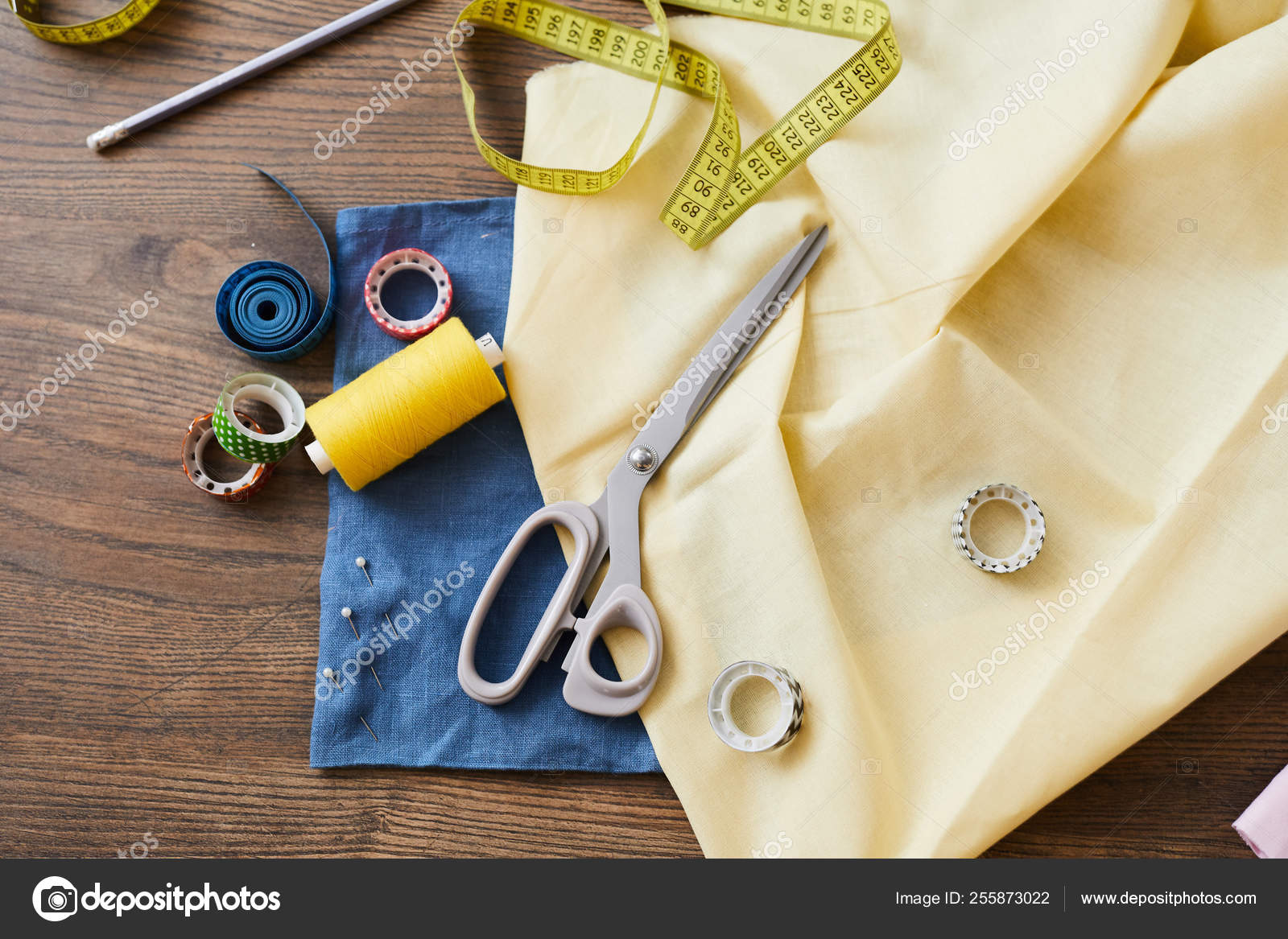 Overview Background Tailoring Stuff Textile Scissors Spool Measuring Tape  Cellotape Stock Photo by ©SeventyFour 255873022