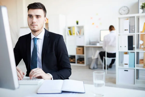 Young Serious Broker Elegant Suit Looking Computer Screen While Analyzing — 스톡 사진