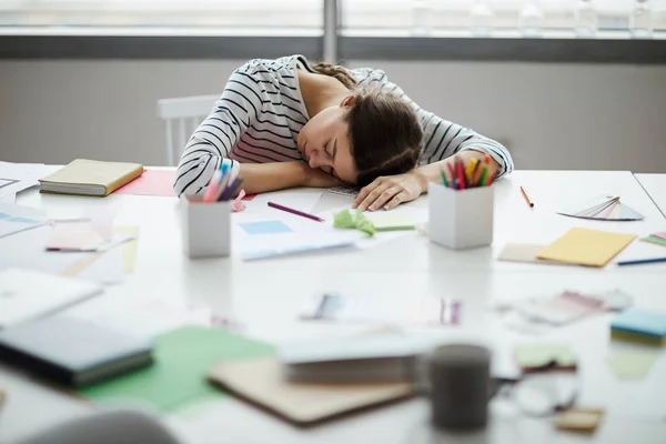 Portrait Contemporary Young Woman Sleeping Table Work Copy Space — Stock Photo, Image