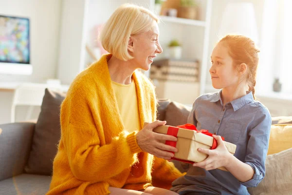 Side View Portrait Happy Red Haired Girl Giving Present Mom — Stock Photo, Image