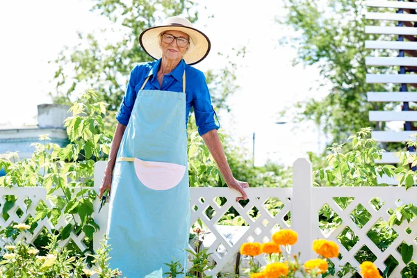 Portrait Cheerful Senior Woman Posing Garden Outdoors Copy Space — Stok Foto