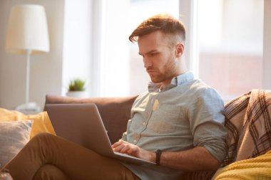 Güneş ışığında kanepede oturan dizüstü bilgisayar kullanarak yakışıklı genç adamın yan görünüm portre, uzay kopyalamak