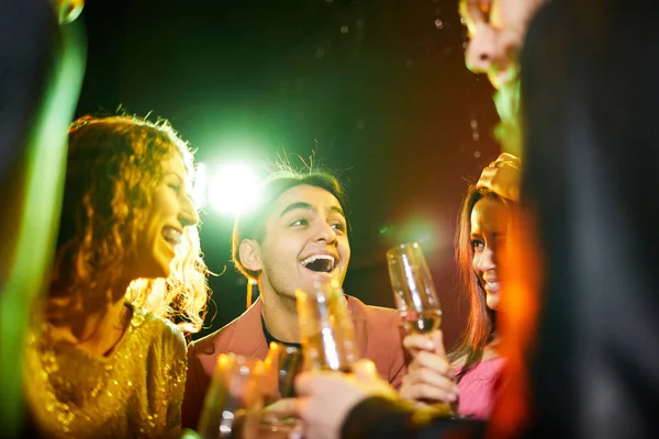 Positive Emotional Young Friends Laughing Chatting While Drinking Champagne Having — Stock Photo, Image