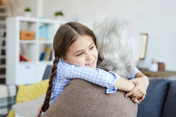 Portrait Cute Little Girl Hugging Grandma Love Copy Space — Stock Photo, Image