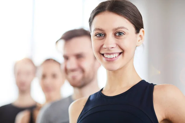 Smiling Attractive Teenage Gymnast Pretty Smile Standing Row Professionals Looking — Stock Photo, Image