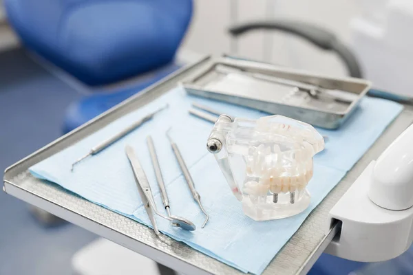 クリニックの歯科椅子で計器テーブルに横たわる歯モデルのクローズアップ コピースペース — ストック写真