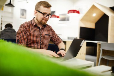 İçerik yakışıklı tombul genç adam sakallı birlikte çalışma alanında oturan ve uzaktan çalışırken dizüstü bilgisayarda karşılık gelen