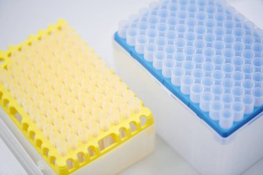 Masada plastik test tüpü rafı, tabloda örnek tüpler ile kapalı renkli kaplar