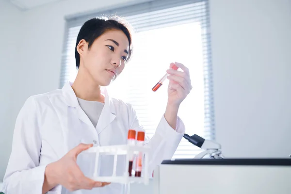 Serious Experienced Asian Female Medical Researcher Short Hair Holding Test — Stock Photo, Image