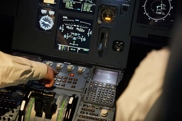 Close Unrecognizable Aviators Sitting Control Panel Digital Displays Checking Engine — Stock Photo, Image