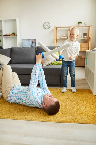 Best Young Father Lying Floor Living Room Using Toy Sword — Stock Photo, Image