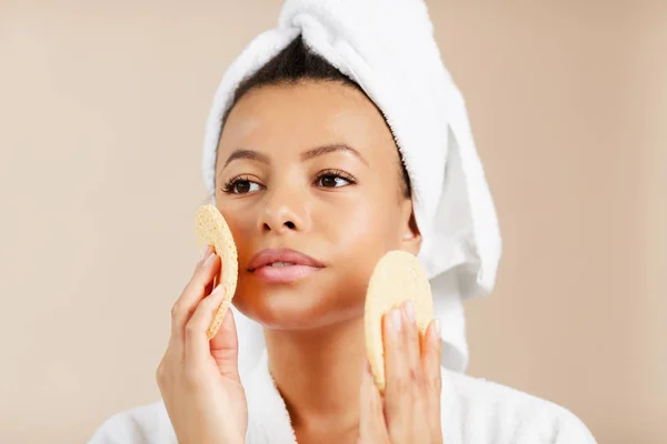 Head Shoulders Portrait Beautiful Mixed Race Woman Massaging Her Face — Stock Photo, Image