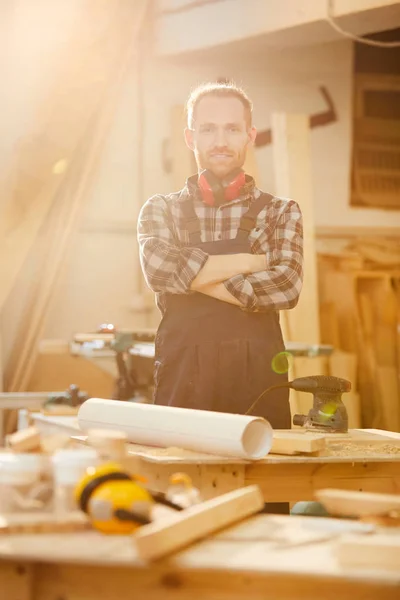 Waist Portrait Contemporary Carpenter Looking Camera While Working Joinery Lit — Stock Photo, Image