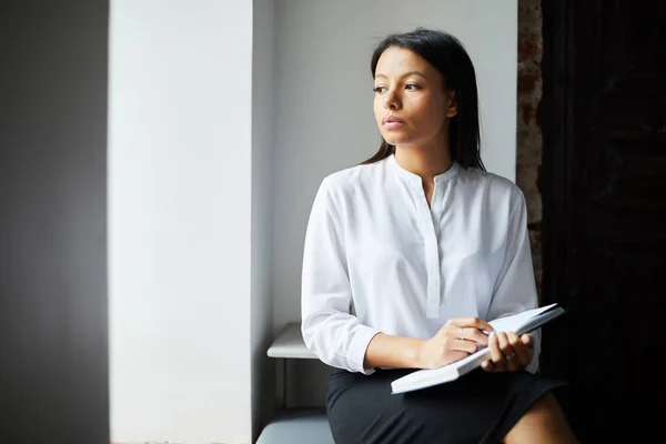 Portrait Mixed Race Businesswoman Wearing Black White Looking Window Pensively — Stock Photo, Image