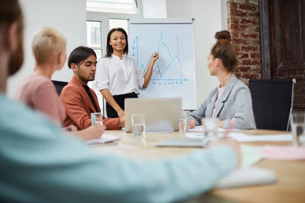 Portrait Mixed Race Businesswoman Standing Whiteboard Giving Presentation Colleagues Meeting — Stock Photo, Image