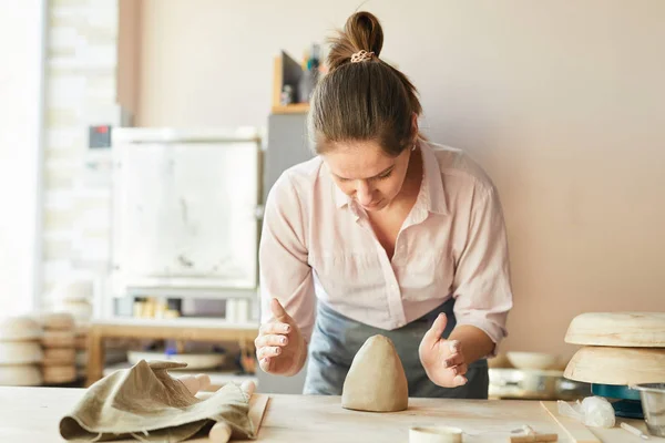 Waist Portrait Female Potter Shaping Clay While Working Studio Copy — Stock Photo, Image