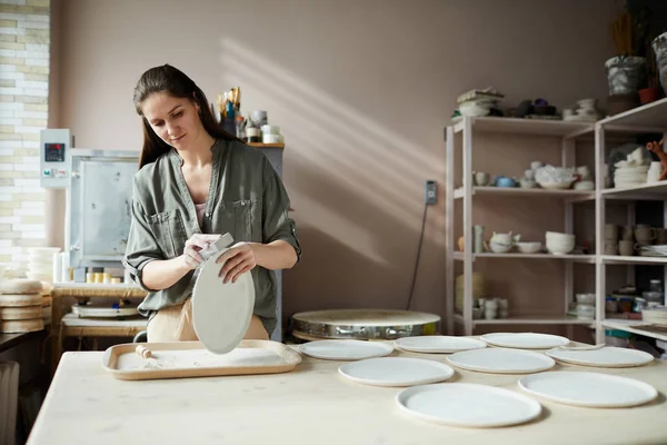 Waist Portrait Young Woman Sanding Handmade Ceramic Plate Pottery Workshop — Stock Photo, Image