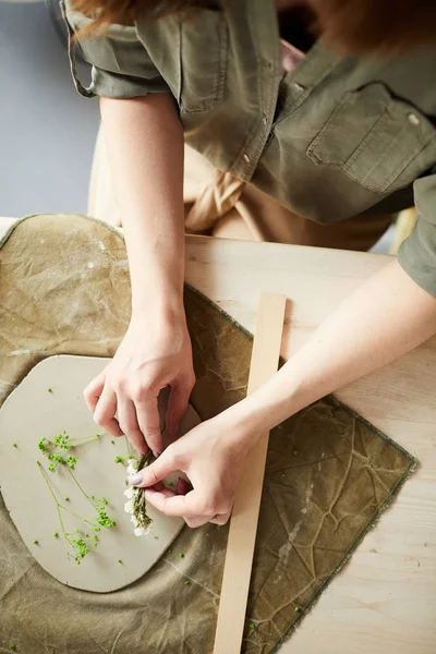 High Angle View Contemporary Female Artisan Creating Handmade Ceramics Pottery — Stock Photo, Image