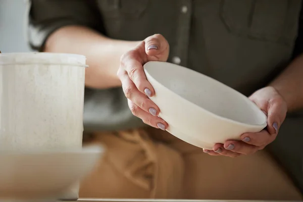 Mid Section Closeup Female Artisan Holding Beautiful Ceramic Bowl Hands — Stock Photo, Image