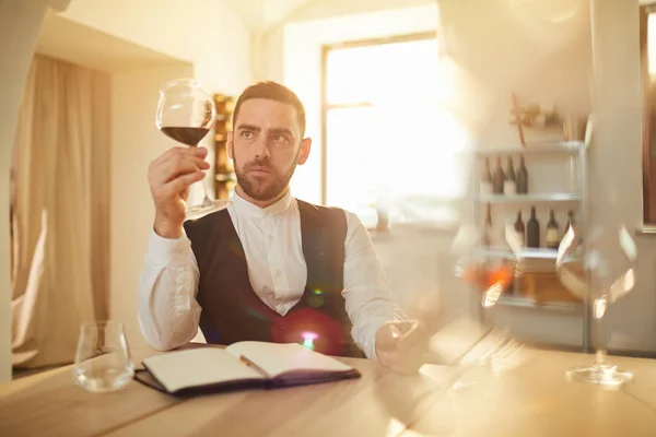 Porträt Eines Professionellen Sommeliers Beim Anblick Eines Weinglases Während Einer — Stockfoto