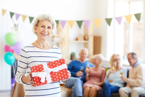 Happy Excited Mature Woman Gray Curly Hair Holding Packaged Gift — Stock Photo, Image