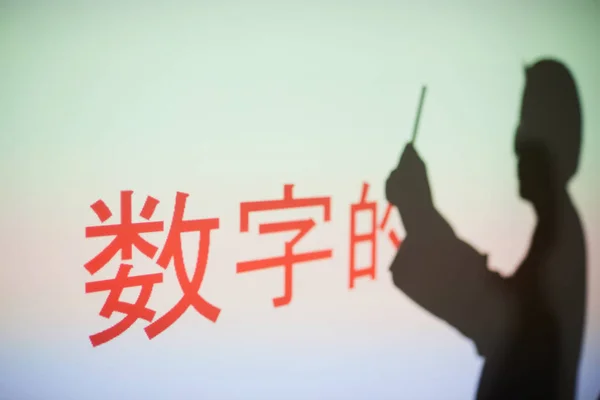 在会议上提供信息时 手持指针并解释中文单词含义编号的女性剪影 — 图库照片