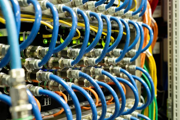 Background Image Modern Network Cables Connected Switches Database Server Room — Stock Photo, Image