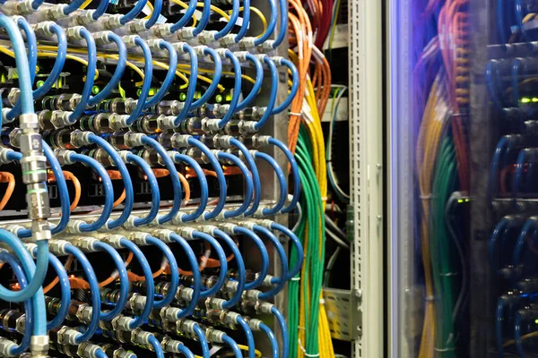 Close Modern Supercomputer Equipment Optic Cables Hubs Server Room Copy — Stock Photo, Image