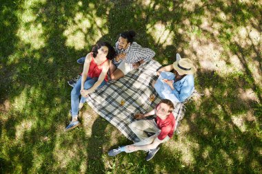 Yaz aylarında yeşil çimpiknik zevk ve kamera bakarak arkadaş grubunun portre yukarıda, kopya alanı