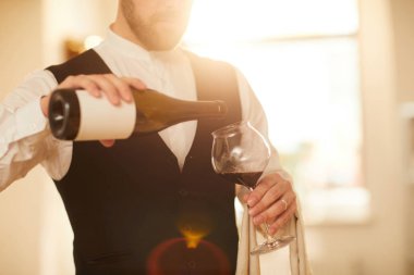 Güneş ışığı ile aydınlatılan lüks restoranda cama şarap döken tanınmayan garsonorta bölüm portre, kopya alanı