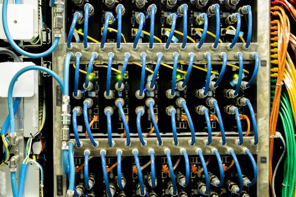 Hintergrundbild Moderner Serverschränke Voller Blauer Kabel Und Drähte Die Internet — Stockfoto