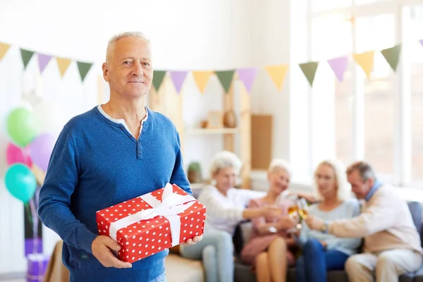 Portrait Content Handsome Birthday Man Blue Sweater Standing Living Room — Stock Photo, Image