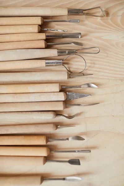Fölötte Fából Készült Asztali Faragóeszközök Hátterének — Stock Fotó
