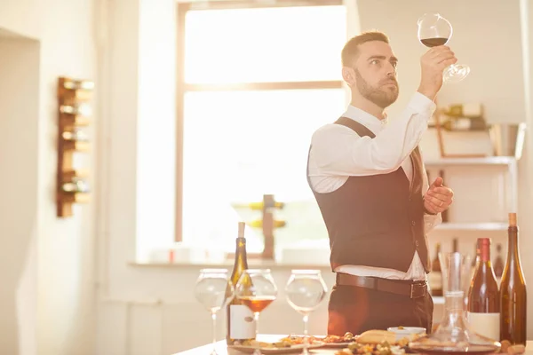 Retrato Cintura Hacia Arriba Del Sommelier Profesional Sosteniendo Vidrio Luz — Foto de Stock