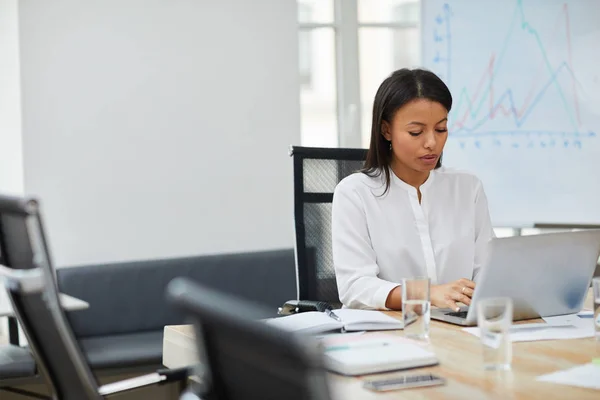 Portrait Mixed Race Businesswoman Using Laptop While Working Office Copy — Stock Photo, Image