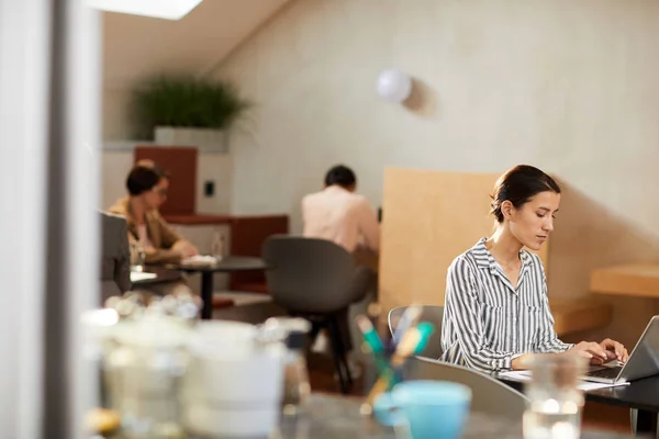 Retrato Vista Lateral Una Joven Empresaria Que Usa Una Computadora — Foto de Stock