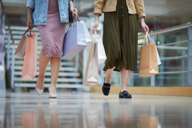 Şık kıyafetler içinde tanınmayan kadınlar alışveriş merkezi üzerinde birlikte yürüyüş ve alışveriş çantaları taşıyan
