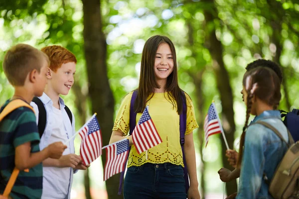 Group Positive Multi Ethnic Kids Standing Circle Holding Stick Flags — Stock Photo, Image
